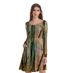 Woodland Woods Forest Trees Nature Outdoors Mist Moon Background Artwork Book Long Sleeve Knee Length Skater Dress With Pockets