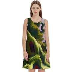 Outdoors Night Full Moon Setting Scene Woods Light Moonlight Nature Wilderness Landscape Round Neck Sleeve Casual Dress With Pockets