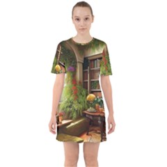 Room Interior Library Books Bookshelves Reading Literature Study Fiction Old Manor Book Nook Reading Sixties Short Sleeve Mini Dress