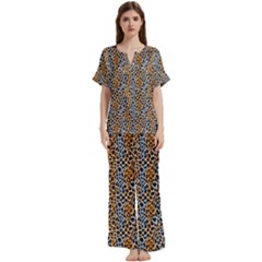 Blue Brown Leopard Short Sleeve Long Pants Satin Pajamas Set
