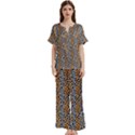 Blue Brown Leopard Short Sleeve Long Pants Satin Pajamas Set View1