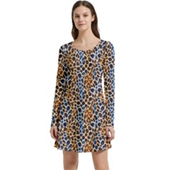 Blue Brown Leopard Long Sleeve Velour Skater Dress