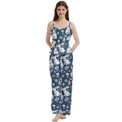 Easter Bunny Pattern Spaghetti Top Long Pants Satin Pajamas Set