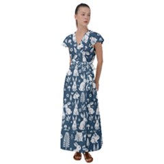Easter Bunny Pattern Flutter Sleeve Maxi Dress