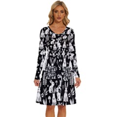 Easter Bunny Pattern Long Sleeve Dress With Pocket