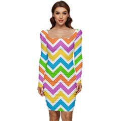 Chevron Pattern Design Texture Women Long Sleeve Ruched Stretch Jersey Dress
