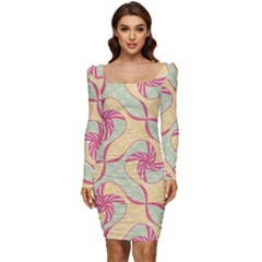 Abstract Pattern Design Scrapbooking Women Long Sleeve Ruched Stretch Jersey Dress