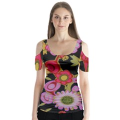 Mid Century Retro Floral 1970s 1960s Pattern 70 Butterfly Sleeve Cutout T-shirt 