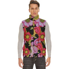 Mid Century Retro Floral 1970s 1960s Pattern 70 Men s High Neck Button Up Puffer Vest