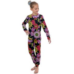 Mid Century Retro Floral 1970s 1960s Pattern 70 Kids  Long Sleeve Set 