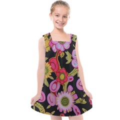 Mid Century Retro Floral 1970s 1960s Pattern 70 Kids  Cross Back Dress