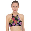 Mid Century Retro Floral 1970s 1960s Pattern 70 Halter Bikini Top View1