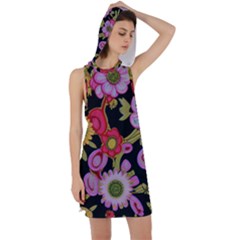 Mid Century Retro Floral 1970s 1960s Pattern 70 Racer Back Hoodie Dress
