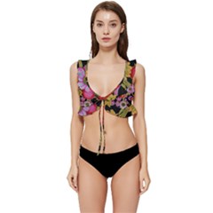 Mid Century Retro Floral 1970s 1960s Pattern 70 Low Cut Ruffle Edge Bikini Top