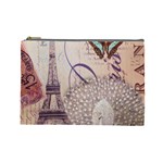 White Peacock Paris Eiffel Tower Vintage Bird Butterfly French Botanical Art Cosmetic Bag (Large) Front