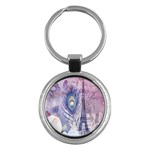 Peacock Feather White Rose Paris Eiffel Tower Key Chain (Round) Front