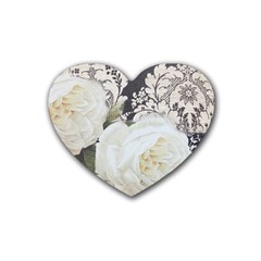 Elegant White Rose Vintage Damask Drink Coasters (heart) by chicelegantboutique