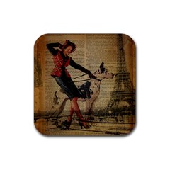 Paris Girl And Great Dane Vintage Newspaper Print Sexy Hot Gil Elvgren Pin Up Girl Paris Eiffel Towe Drink Coaster (square) by chicelegantboutique