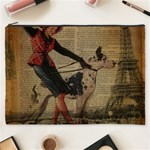 Paris Girl And Great Dane Vintage Newspaper Print Sexy Hot Gil Elvgren Pin Up Girl Paris Eiffel Towe Cosmetic Bag (XXXL) Front