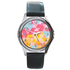 Pastel Triangles Round Leather Watch (silver Rim)