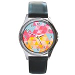 Pastel Triangles Round Leather Watch (Silver Rim) Front