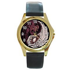 Yinyang Round Leather Watch (gold Rim)  by DesignsbyReg2