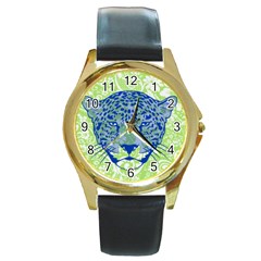 Cheetah Alarm Round Leather Watch (gold Rim)  by Contest1738807