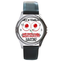 Whats Shakin Bacon? Round Leather Watch (silver Rim) by Contest1804625