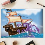 Pirate Ship Attacked By Giant Squid cartoon. Cosmetic Bag (XXL) Front