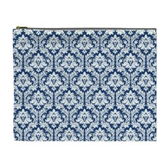 Navy Blue Damask Pattern Cosmetic Bag (xl) by Zandiepants