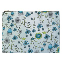 Blue Whimsical Flowers  On Blue Cosmetic Bag (xxl) by Zandiepants