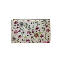 Pink Whimsical Flowers On Beige Cosmetic Bag (small)