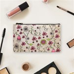 Pink Whimsical flowers on beige Cosmetic Bag (Small) Front