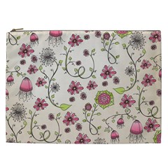 Pink Whimsical Flowers On Beige Cosmetic Bag (xxl) by Zandiepants