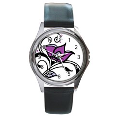 Awareness Flower Round Leather Watch (silver Rim) by FunWithFibro