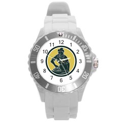 African American Woman Ironing Clothes Woodcut Plastic Sport Watch (large)