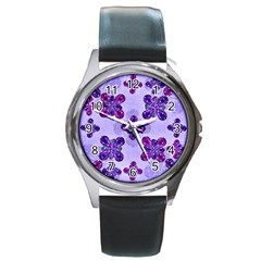 Deluxe Ornate Pattern Design In Blue And Fuchsia Colors Round Leather Watch (silver Rim) by dflcprints