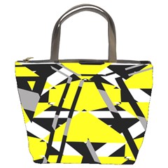 Yellow, Black And White Pieces Abstract Design Bucket Bag by LalyLauraFLM