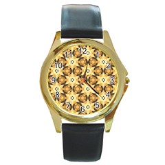 Faux Animal Print Pattern Round Leather Watch (gold Rim)  by GardenOfOphir