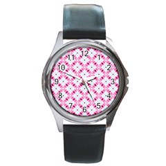 Cute Pretty Elegant Pattern Round Leather Watch (silver Rim) by GardenOfOphir