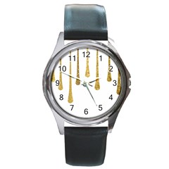 Gold Glitter Paint Round Leather Watch (silver Rim) by Kathrinlegg
