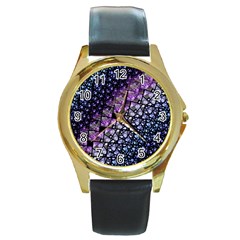 Dusk Blue And Purple Fractal Round Leather Watch (gold Rim)  by KirstenStar