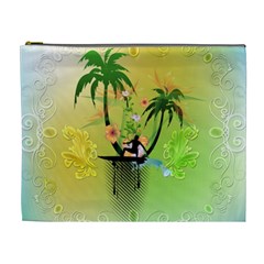 Surfing, Surfboarder With Palm And Flowers And Decorative Floral Elements Cosmetic Bag (xl) by FantasyWorld7