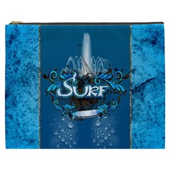 Surf, Surfboard With Water Drops On Blue Background Cosmetic Bag (xxxl)  by FantasyWorld7