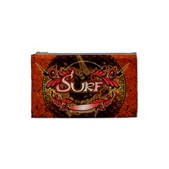 Surfing, Surfboard With Floral Elements  And Grunge In Red, Black Colors Cosmetic Bag (small)  by FantasyWorld7