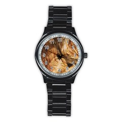 Brown Beige Abstract Painting Stainless Steel Round Watch