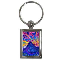 Psychedelic Colorful Lines Nature Mountain Trees Snowy Peak Moon Sun Rays Hill Road Artwork Stars Key Chains (rectangle)  by Simbadda