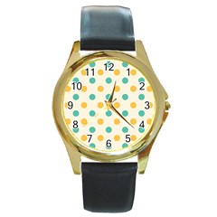 Polka Dot Yellow Green Blue Round Gold Metal Watch by Mariart