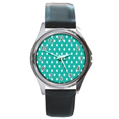 Polka Dots White Blue Round Metal Watch by Mariart