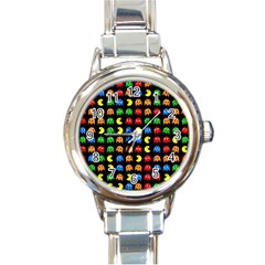 Pacman Seamless Generated Monster Eat Hungry Eye Mask Face Rainbow Color Round Italian Charm Watch by Mariart